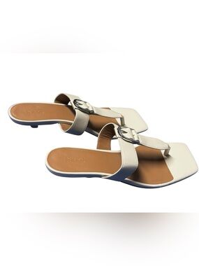 Nordstrom Cream Ivory Leather Thong Sandal Silver Buckle Square Toe Flat Sz 7.5
